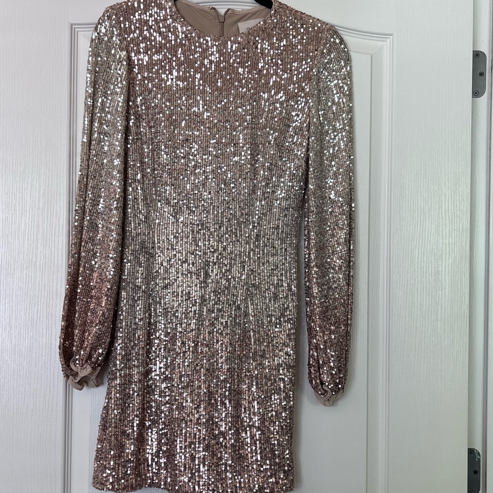 BHLDN Rose Gold Sequin Long Sleeve Mini Dress